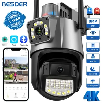 BESDER-8MP PTZ WiFi 카메라, 듀얼 스크린 컬러 나이트 비전 야외 4MP 보안 IP 카메라 CCTV 감시 카메라 ICSEE App