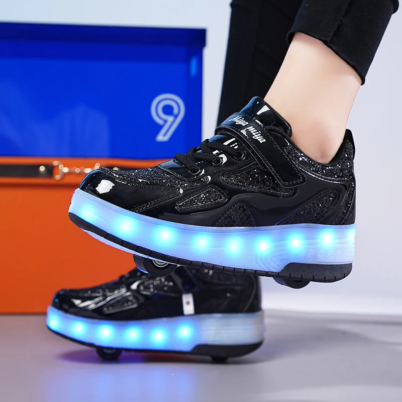 Children’s Two Wheels Luminous Glowing Sneakers Heels Pink Led Light Roller Skate Shoes Kids Led Shoes Boys Girls USB Charging