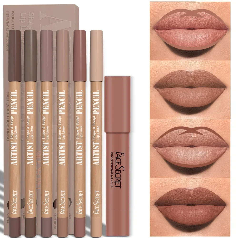 Lip Makeup Set 7pcs Matte Lip Liner and Lipstick Set Water-Resistant Long-Lasting Multi-Color Secret Formula Daily Makeup & Christmas Gift