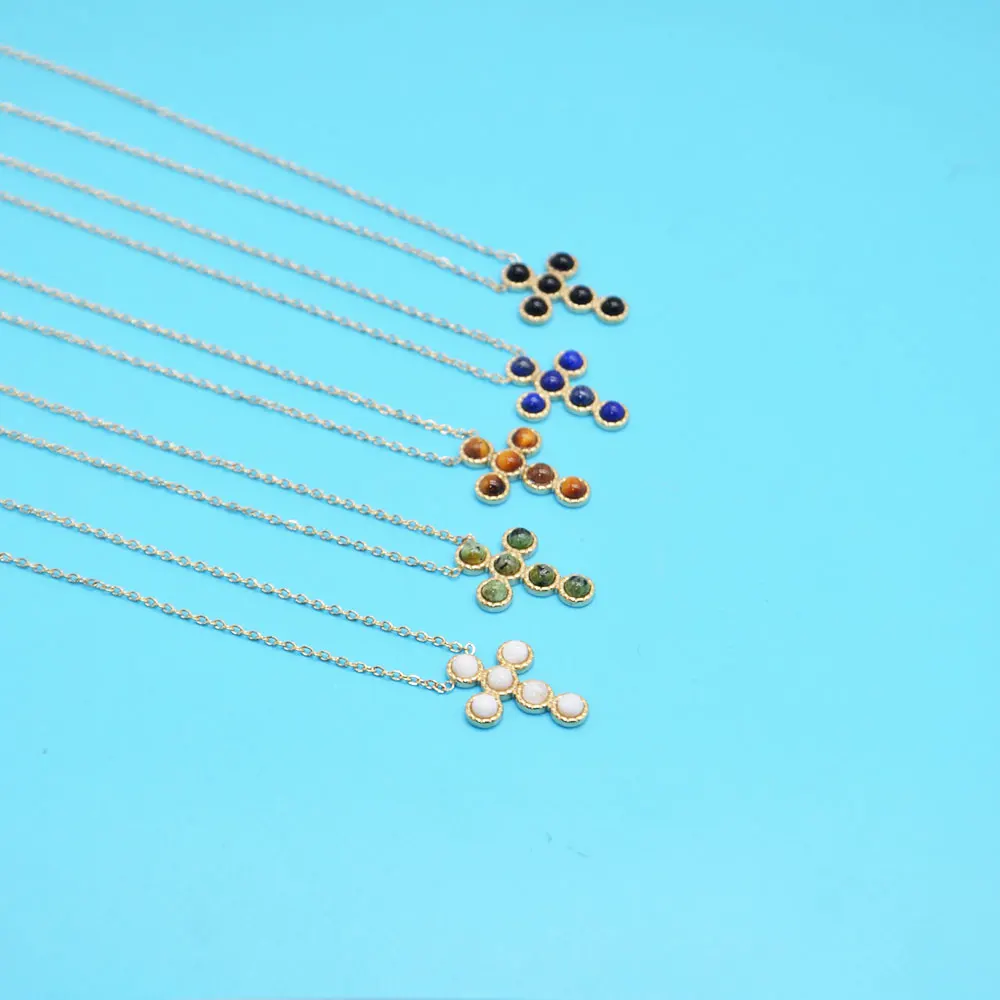 

Religious Natural Stone Cross Pendant Necklace for Women Gold Plated Stainless Steel Necklace Men Ladies Jewelry Friends Gifts