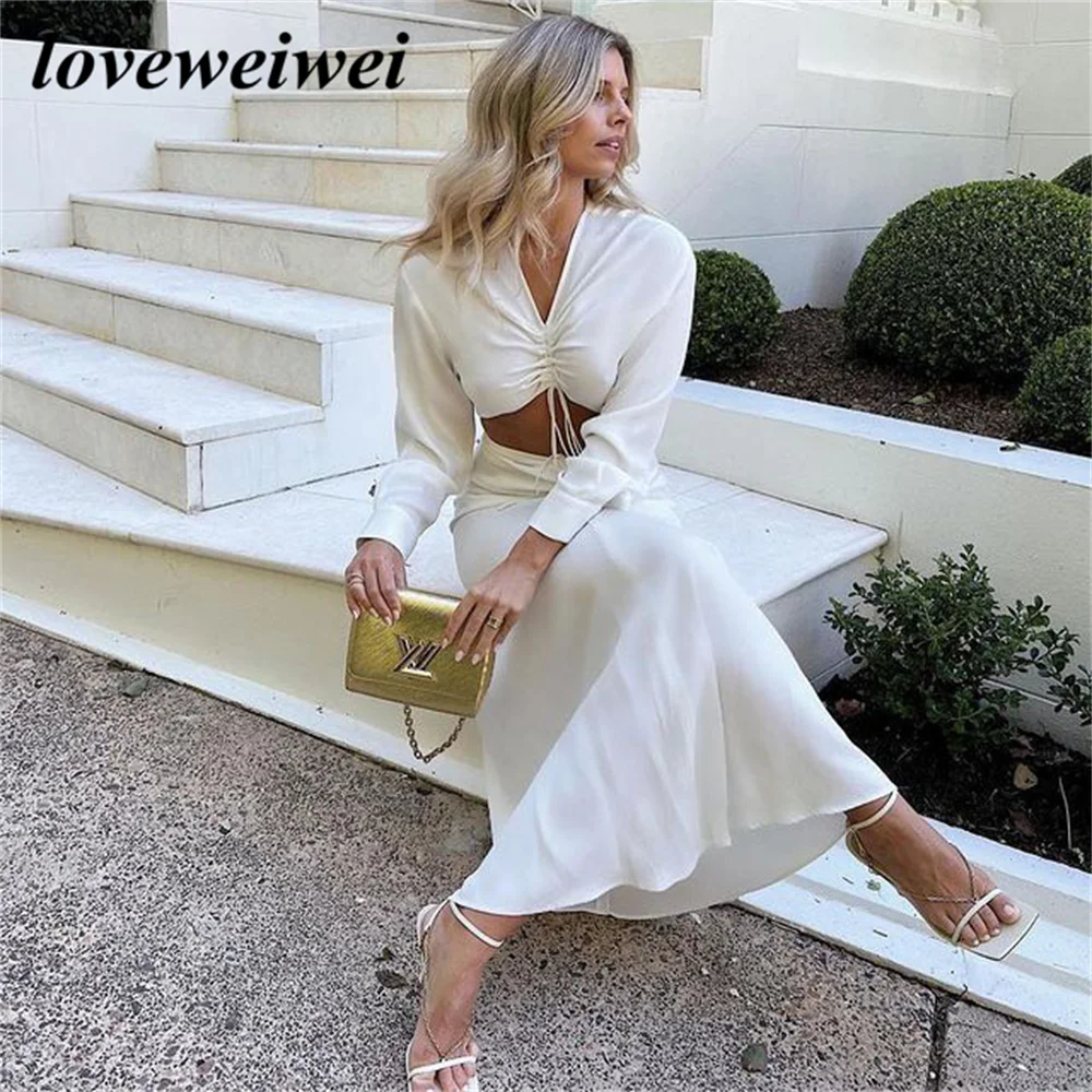 Фото Женское вечернее платье-Русалка Loveweiwei, белое платье цвета слоновой кости с длинным рукавом и V-образным вырезом, на заказ №5
