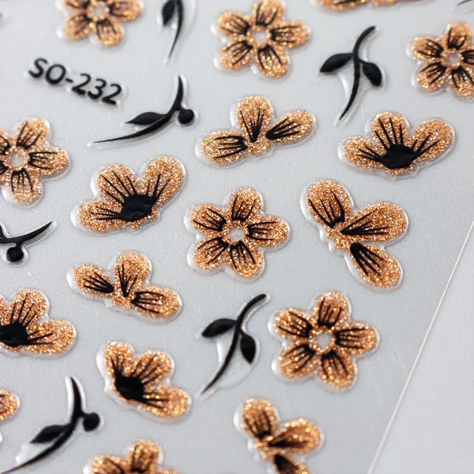 2pc 3D Black Gold Glitter Flower Nail Decal Shiny Petals Leaves Nail Art Sticker Watercolor Daisy Floral Adhesive Manicure Decor 4