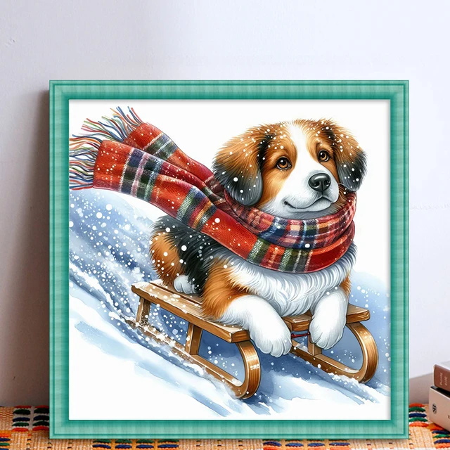 Kit de Broderie Complète en Fil de Coton, Motif Chien Imprimé, Point de Croix, Art, 40x40cm, 11CT 3