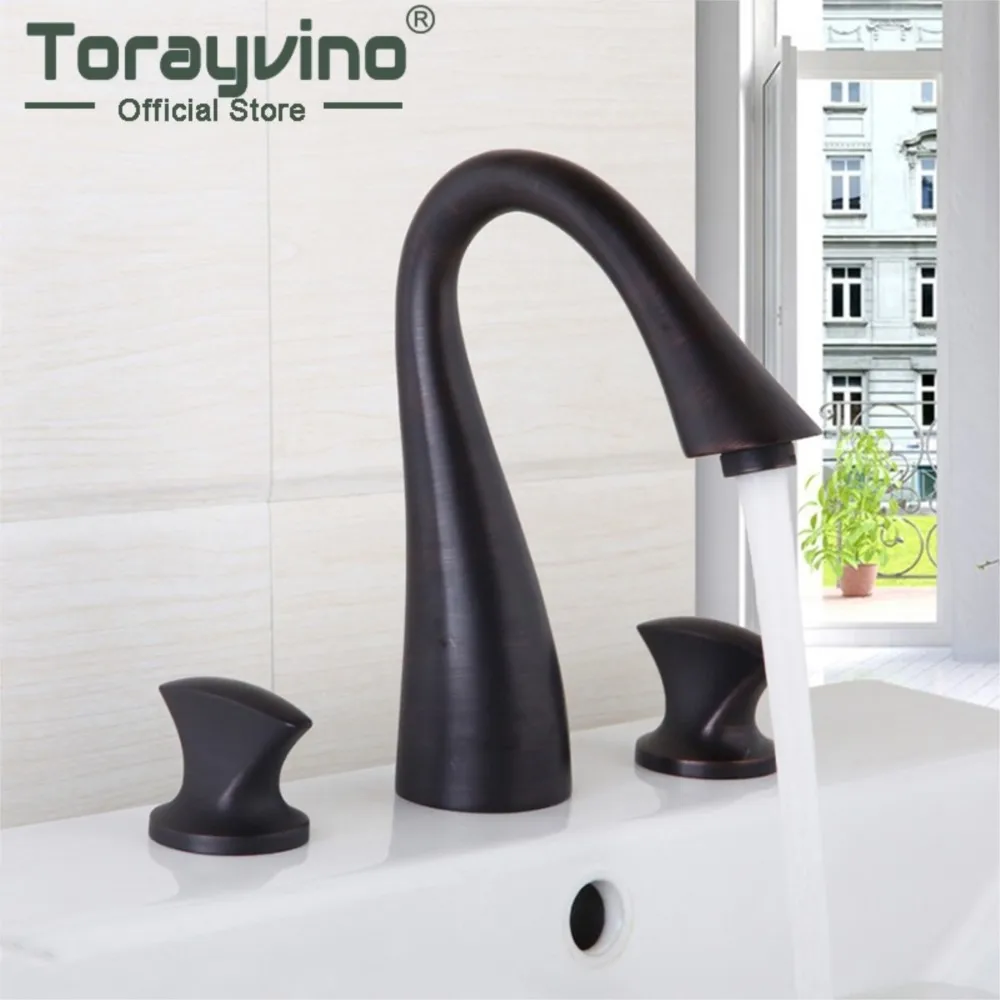 

Torayvino 3 Pcs Bathroom Faucet Oil Rubbed Bronze Waterfall Brass Basin Faucet Dual Handles Deck Mounted Sink Mixer Water Tap