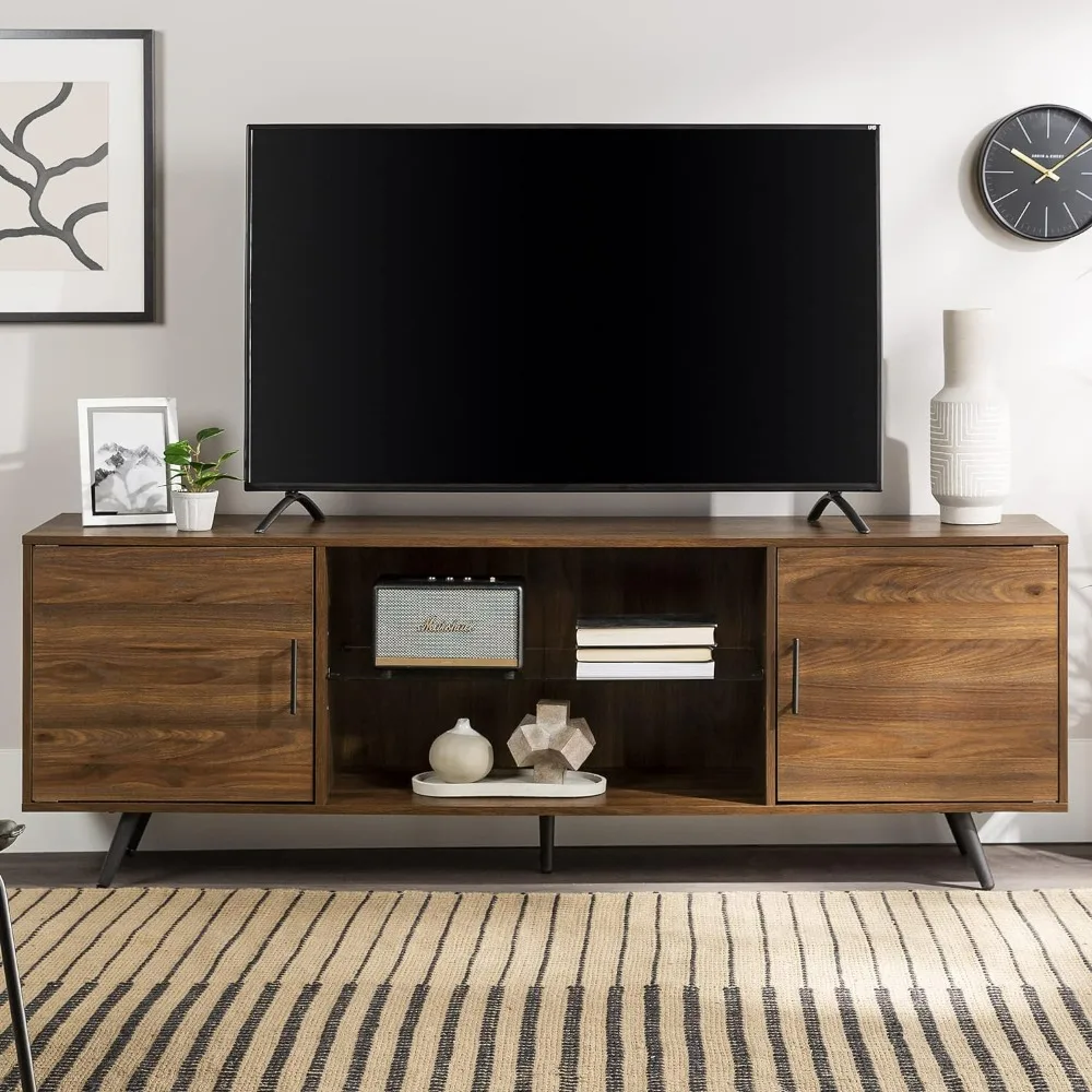 

Mid Century Modern 2 Door Glass Shelf TV Stand for TVs up to 80 Inches , Easy to assemble ,Sturdiness , 70 Inch , Dark Walnut