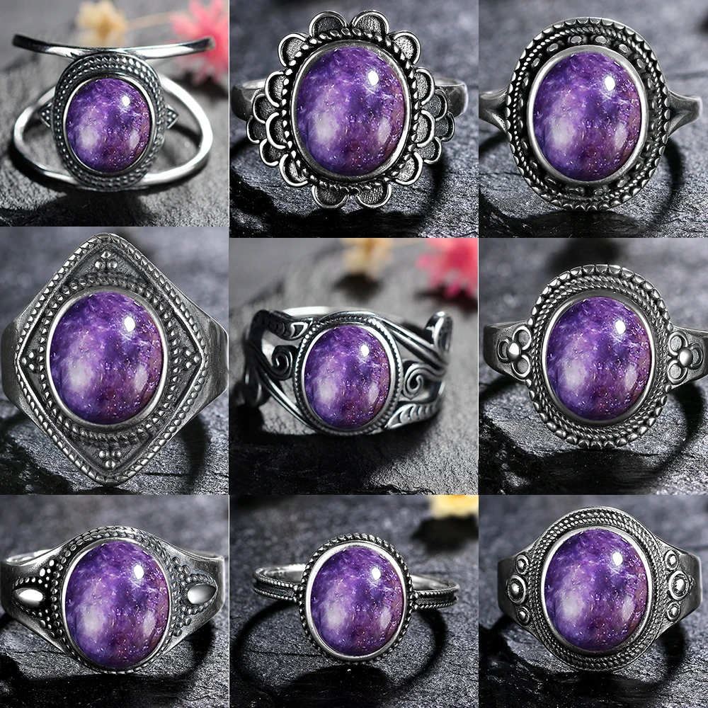 

S925 Sterling Silver Rings Natural Charoite Bead Gemstone Rings for Women Wedding Bands Anniversary Gift Fine Jewelry