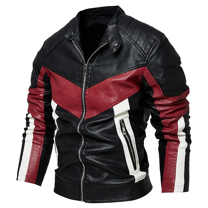 Description Picture 5 of itemNew in Autumn Winter Fur Leather Jacket Outdoor Fashion Patchwork Color PU Leather Coat Male Stand Collar Wool Liner Punk Jacket