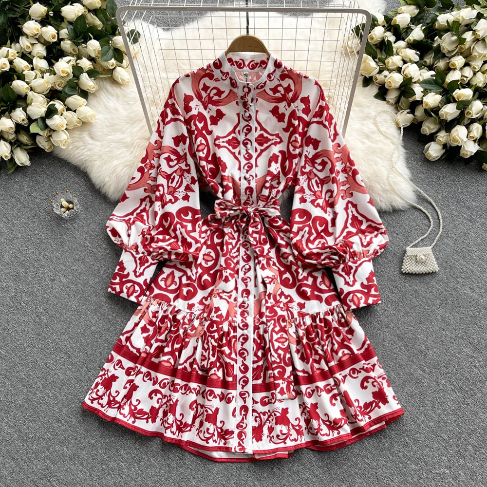 Palace retro dress 2022 spring and autumn new stand-up collar print lantern sleeve waist tie single-breasted shirt skirt purple dress