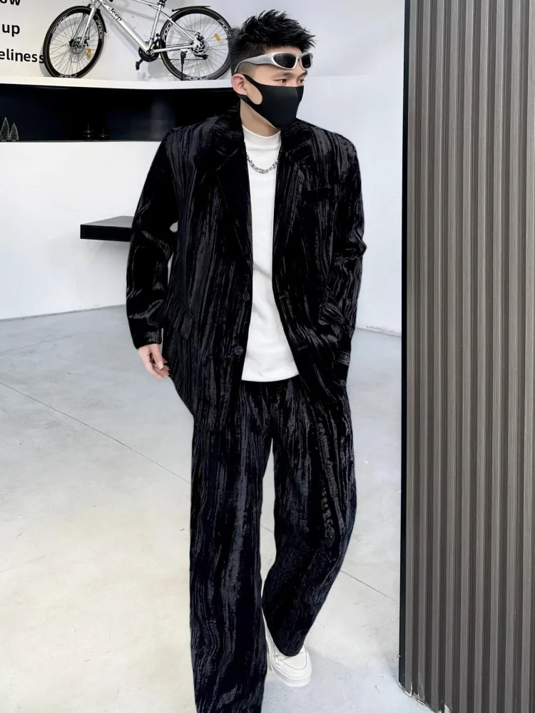 Spring Autumn Mens Velvet Suits Sets Loose Fit High Street Single Breasted Blazers Straight Pants Fashion Casual Two Piece Set