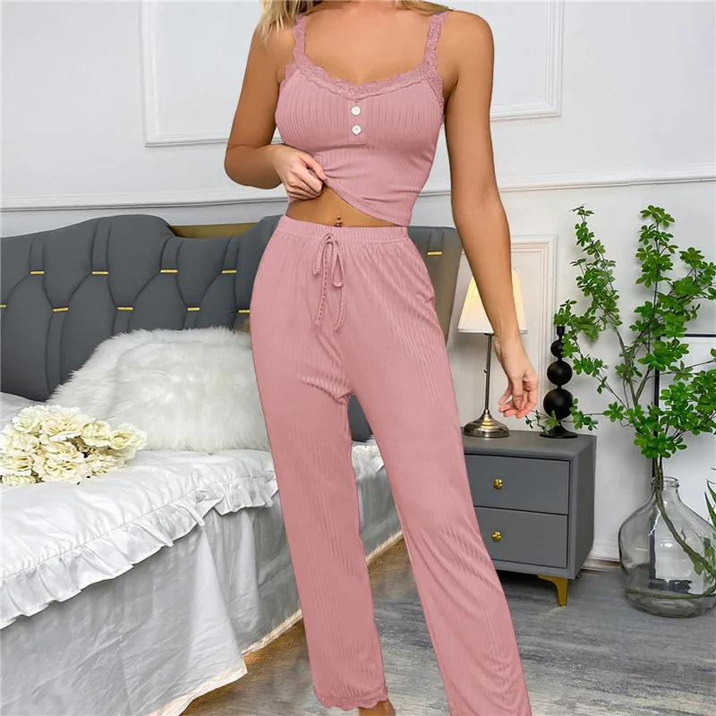 Sexy Casual Pajamas Set For Women Summer Lace Suspenders Long Trousers Two Piece Lounge Set Sleepwear Women Sleep Vest pants