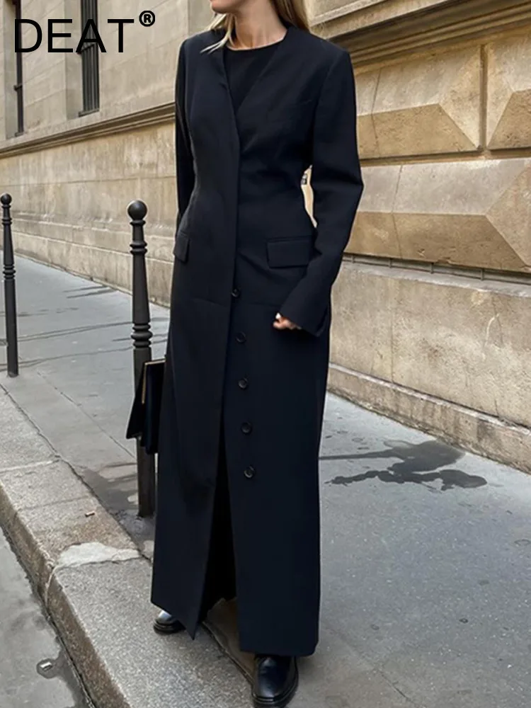 DEAT Fashion Damen-Trenchcoat ohne Kragen, lange Ärmel, einreihige
