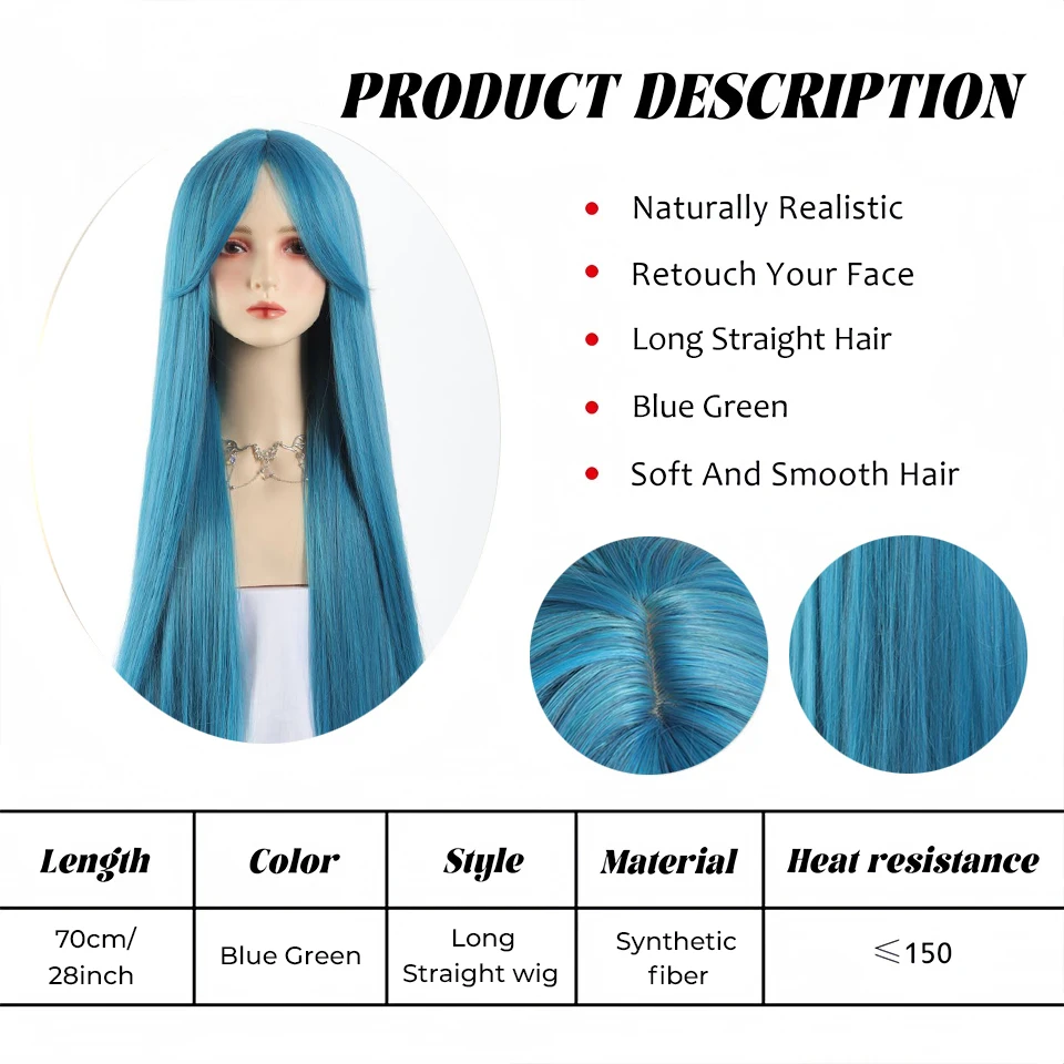 Synthetic Blue Green Straight Wigs with Bangs for Women