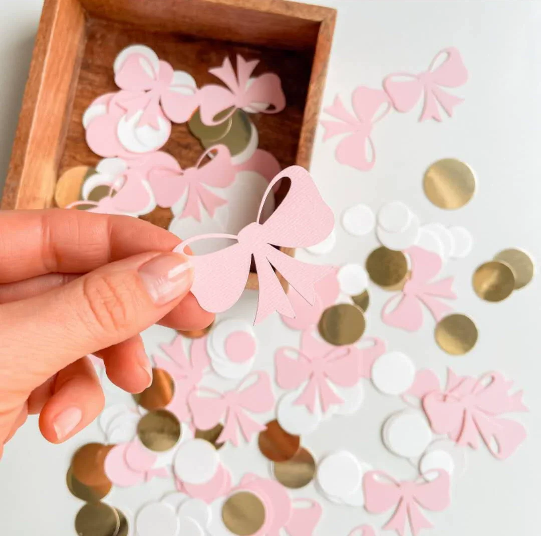100Pcs Pink Bow Theme Paper Confetti Princess Girl Gift Box Table Scatter for Kids Birthday Baby Shower Wedding Party Decoration