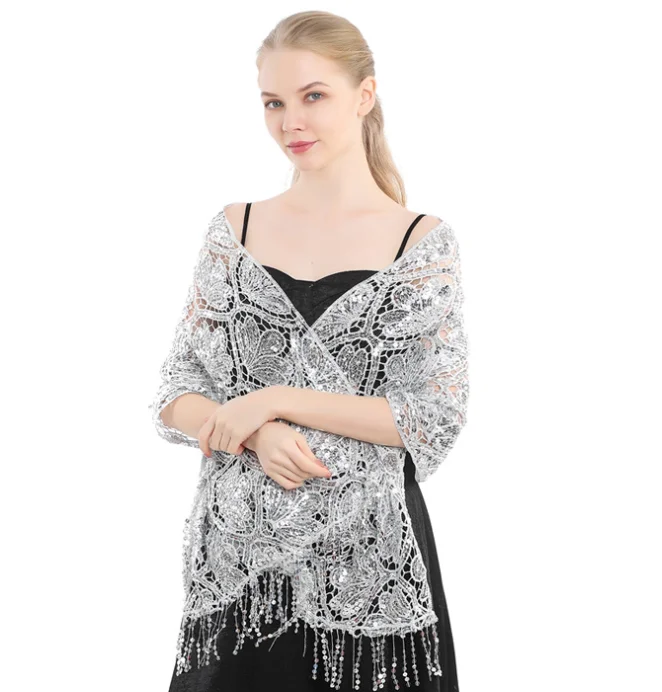 European American Elegant Sequins Tassel Cape Party Evening Dress  Shawl Bride Bridesmaid Women Sequins Cloak Ponchos golden