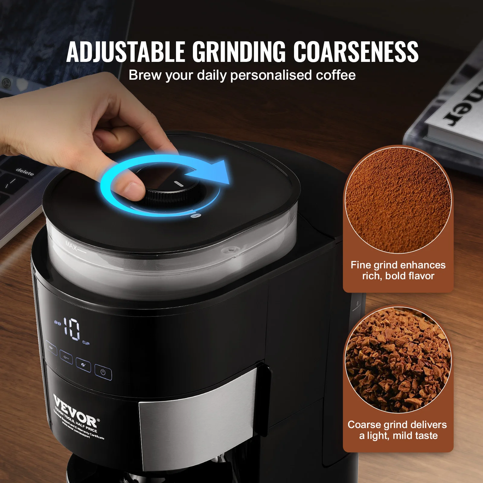 VEVOR 8-12 Cups Coffee Maker with Grinder Grind and Brew Coffee Maker &Adjustable Grinding Coarseness for Home Office Restaurant 3