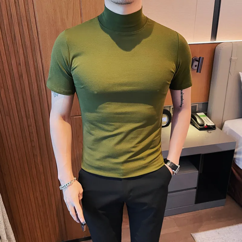 

9 colors/Men's summer Short sleeve Business Casual T-shirt tight solid color T-shirt slim half high neck leggings M-4XL