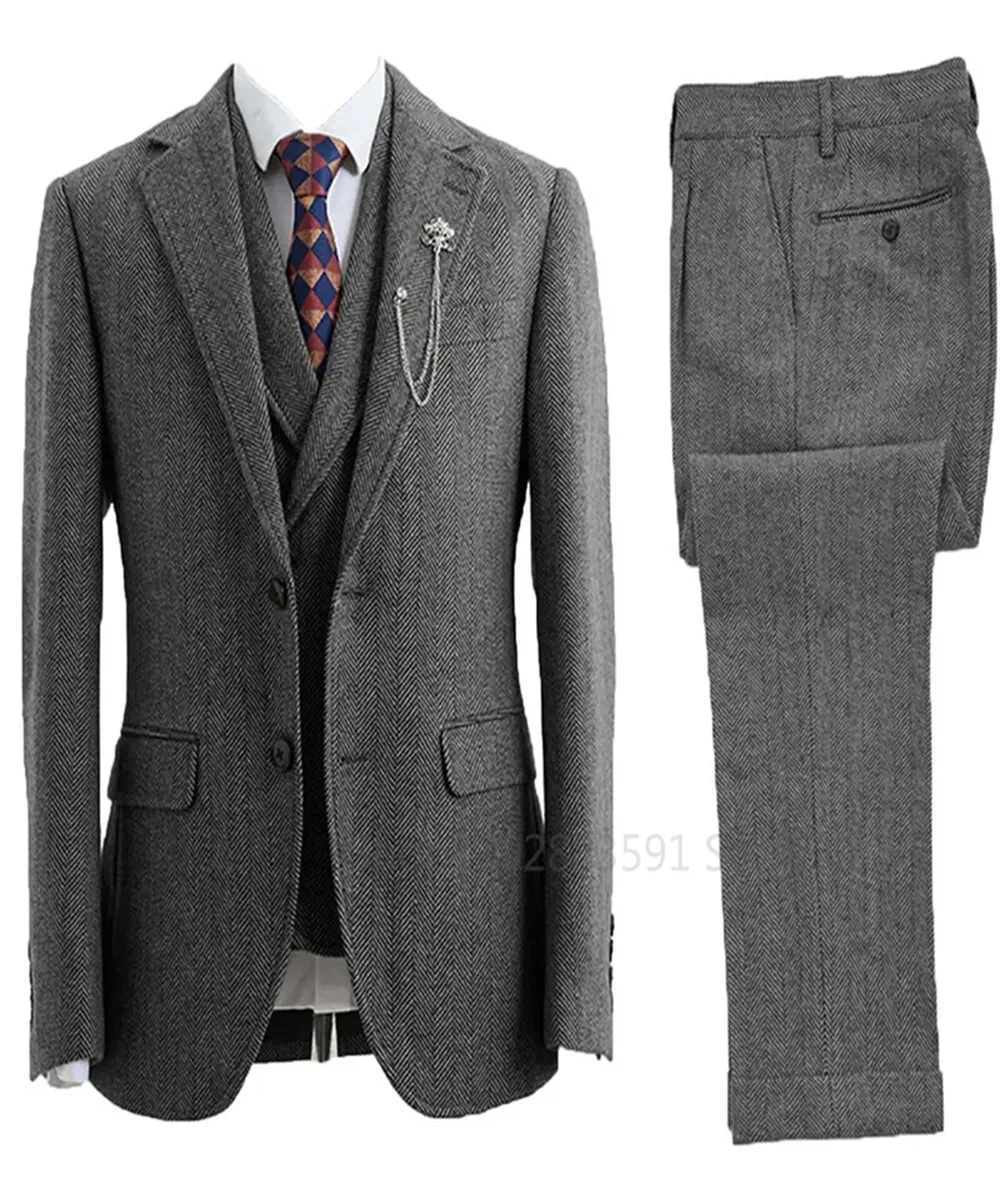 3 Piece Business Suits Tweed Herringbone Blazer Double-Breasted Vest Pants Men Clothing Casual Style Men's Fashion Costume Homme