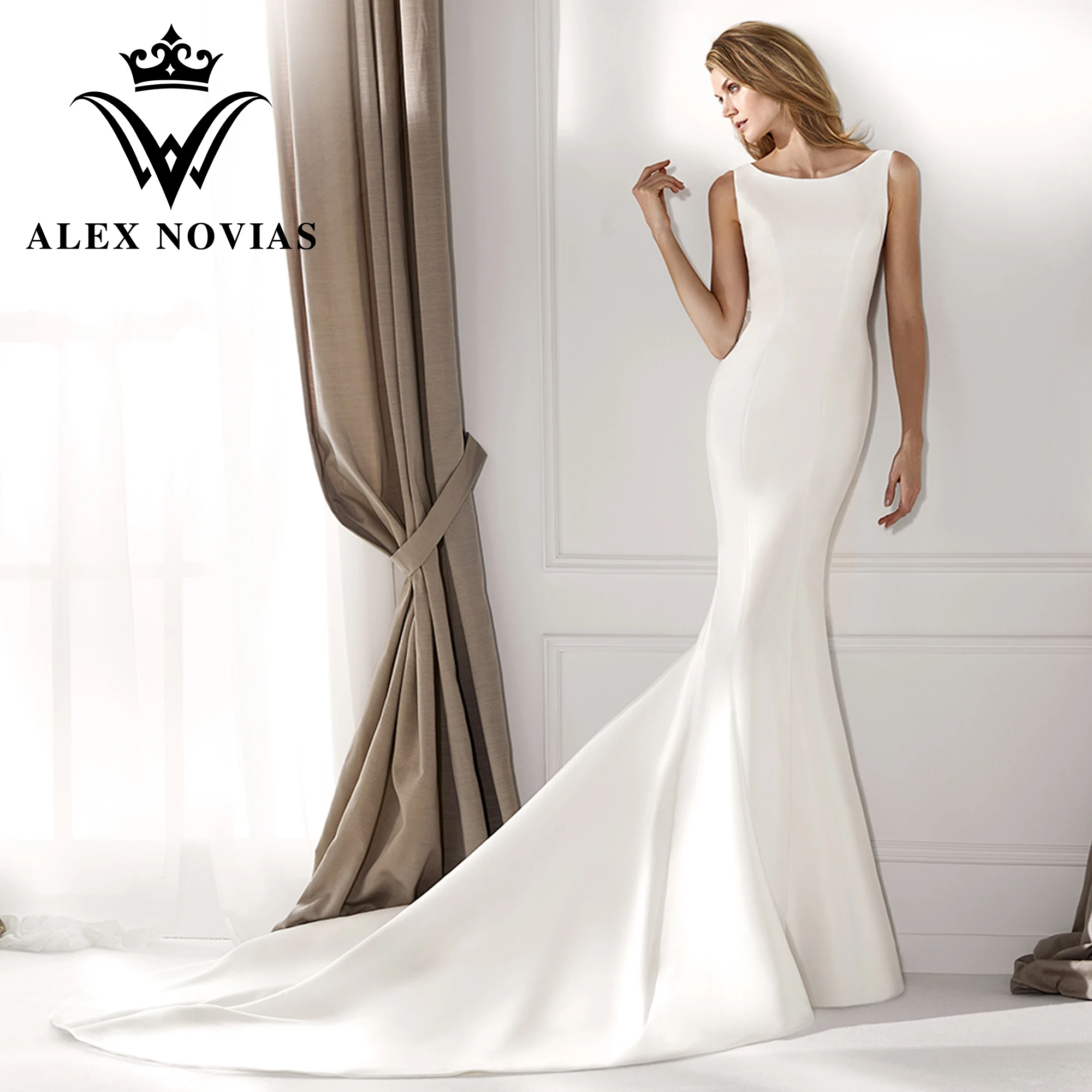 

Свадебное платье с юбкой-годе ALEX NOVIAS, атласное винтажное платье с бантом, Элегантное свадебное платье с глубоким круглым вырезом и открытой спиной, без рукавов, 2023