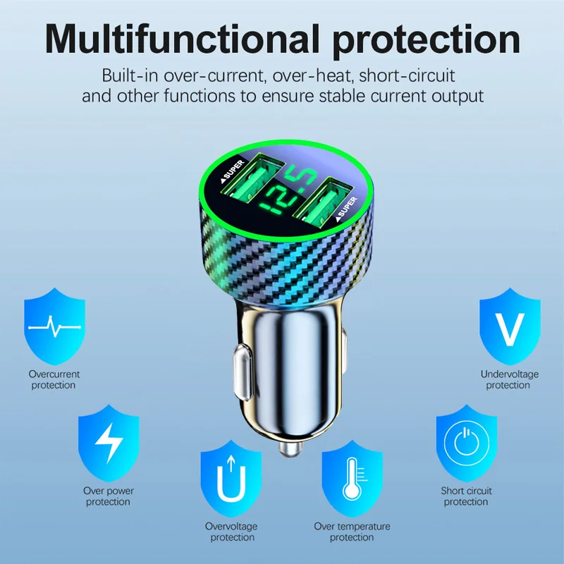 120W 2포트 USB 디지털 실시간 전압 자동차 충전기 QC3.0 자동차 초고속 충전기 휴대폰용 자동차 시가 라이터 어댑터