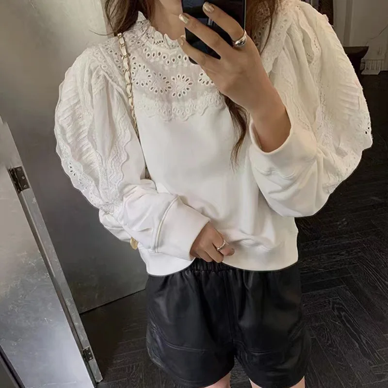 

2023 Autumn and Winter Embroidery Hollow Stand Collar Puff Sleeve Women Sweatshirt White Top