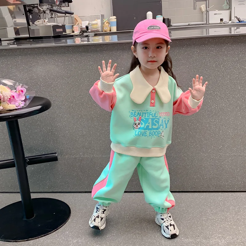 Autumn New Girls Fashion Suit Kids Cartoon Color Block Cotton Sets for Girls Soft Warm Waistcoat Children Fall Outwear