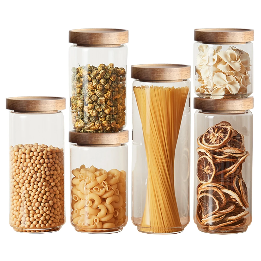 Tall Borosilicate Glass Airtight Wooden Lid Storage Jar Pasta Rice Food  Canister