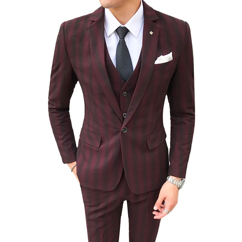 

Men Business Blazers Suits High Quality Striped Large Size S-5XL 3 Pieces Set Male Formal Wedding Groom Coat Pants Vest Trousers