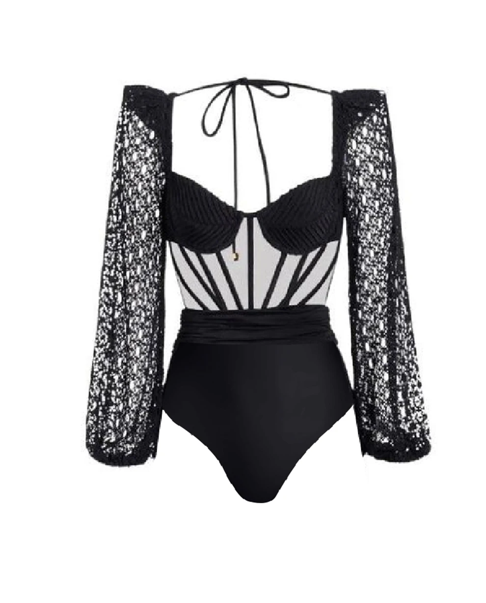 Luxury Crochet Skirt Long Sleeved Swimwear Solid Color Beachwear Beach Export Women'S Party Exclusive Fashion Split Swimsuit
