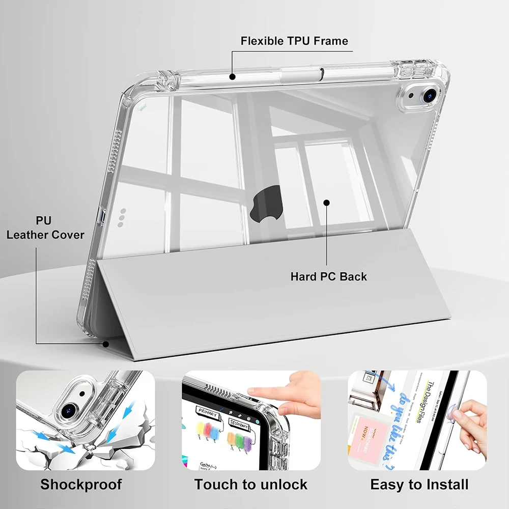 Sleek Transparent Acrylic Back Cover Trifold Stand Tablet Case with Pen Slot