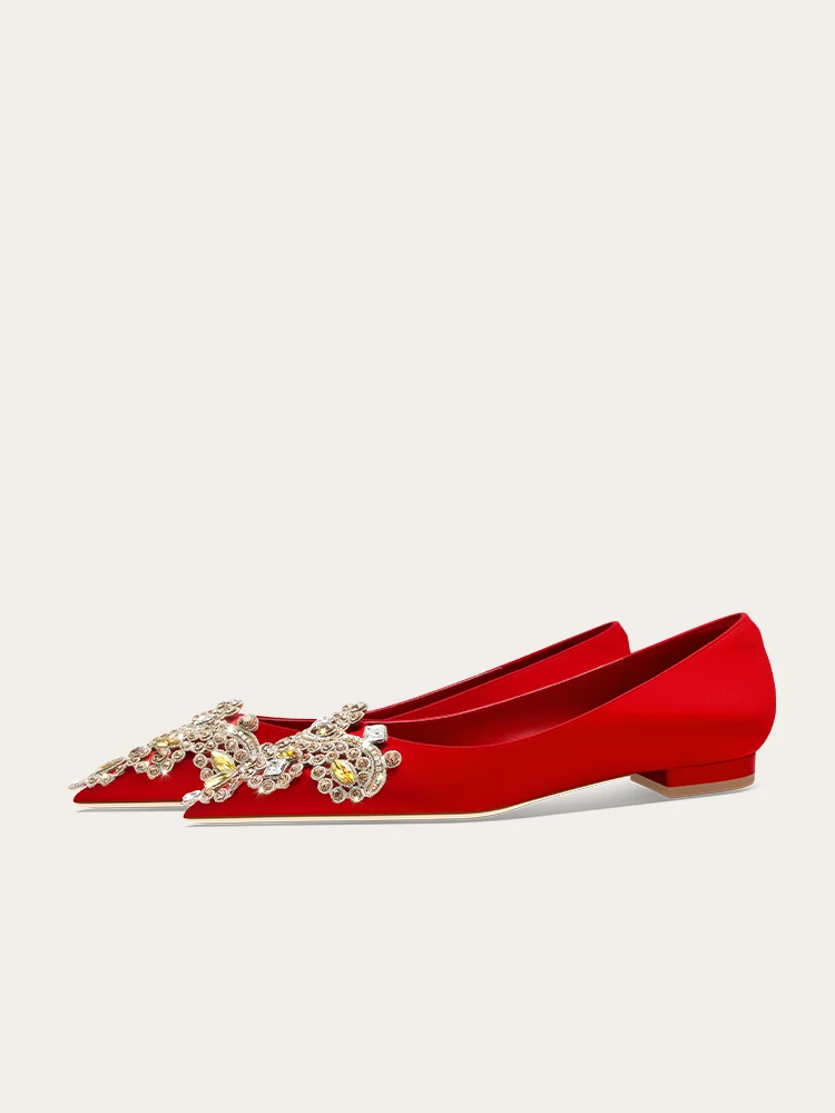 Spring and Autumn New Women's Flat Heel Satin Red Water Diamond Chinese Wedding Women's Shoes 2