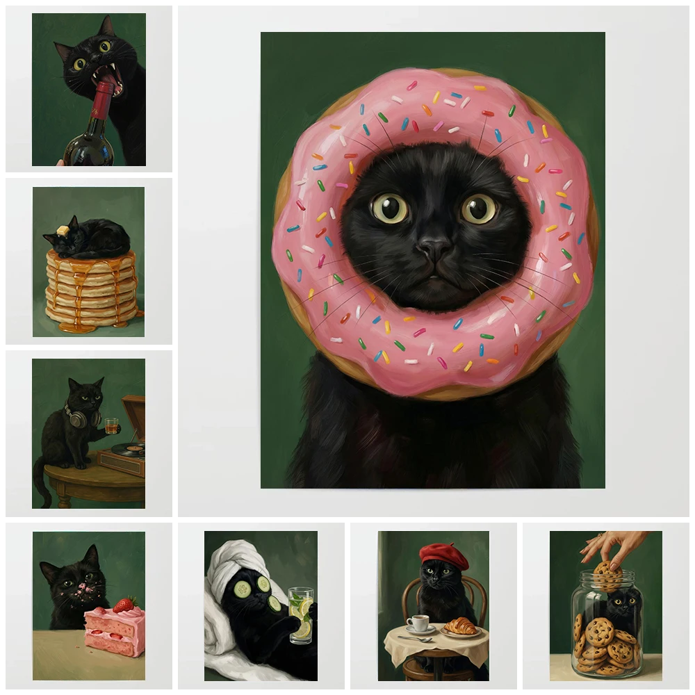 Charming Black Cat & Desserts Art Canvas