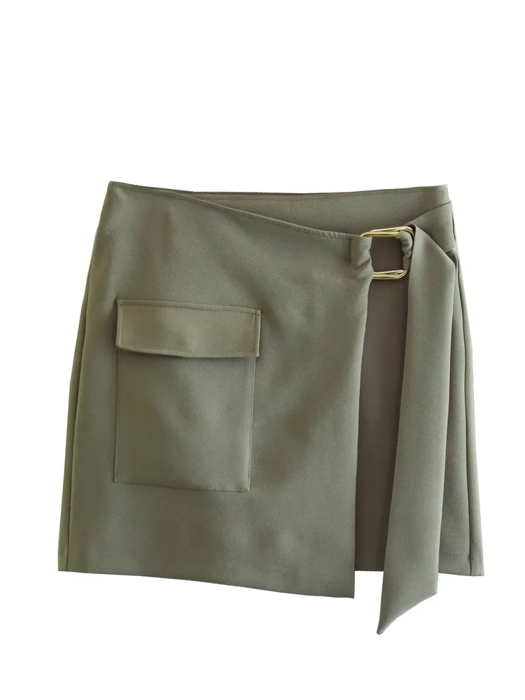 

MESTTRAF Women 2023 Fashion Front Patch Pocket Wrap Mini Skirt Vintage High Waist With Belt Female Skirts