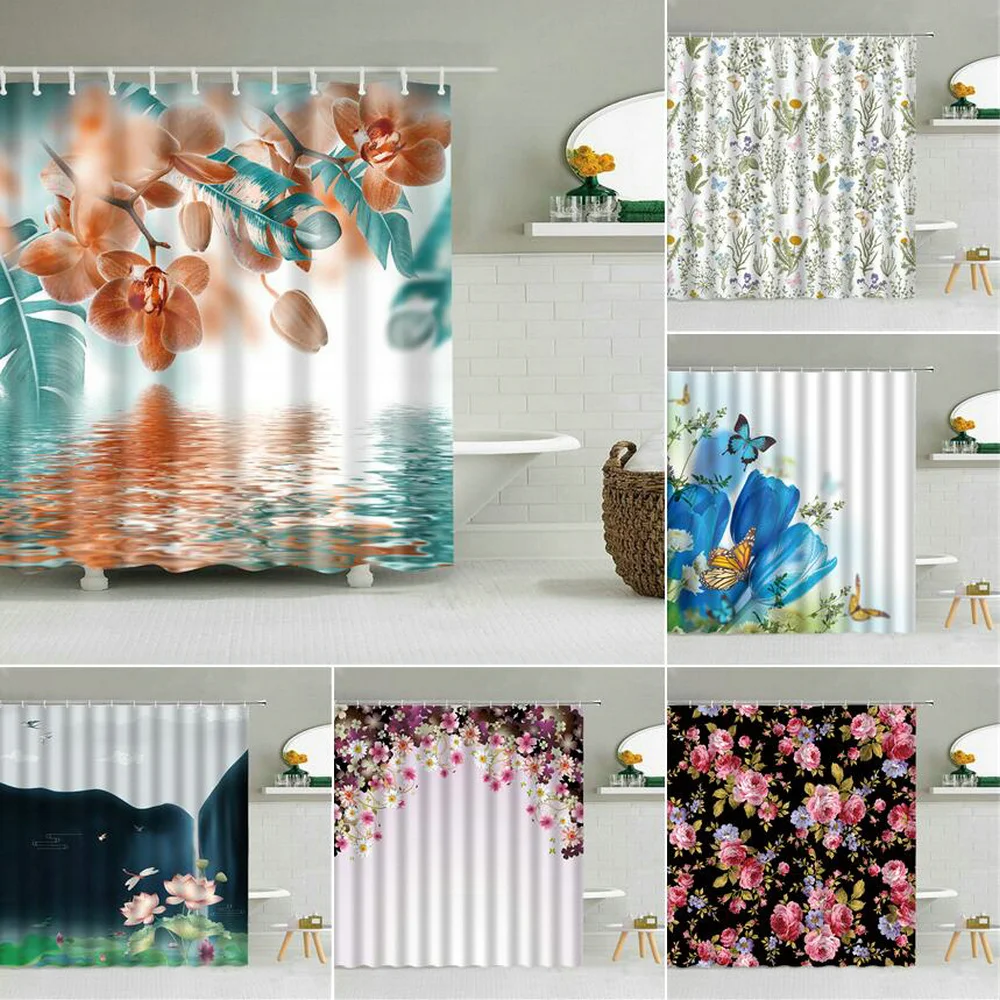 

Flower Water Shower Curtain Landscape Girl SPA Yoga Wall Decoration Bath Screen Waterproof Fabric 10 Hook Curtain Cortina Ducha