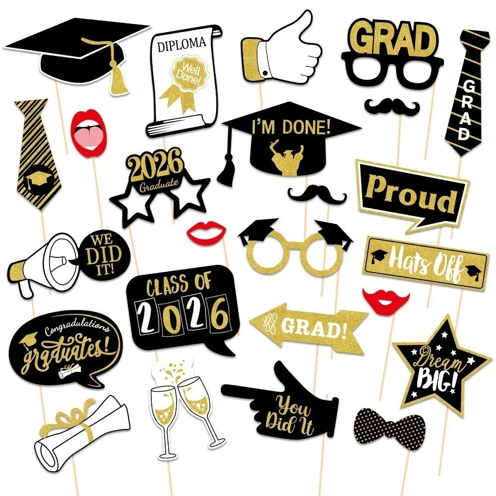 25pcs Black Golden Graduation Photo Props Congratulation Class of 2026 Happy Graduation Decor Bachelor Cap Mustache Lips