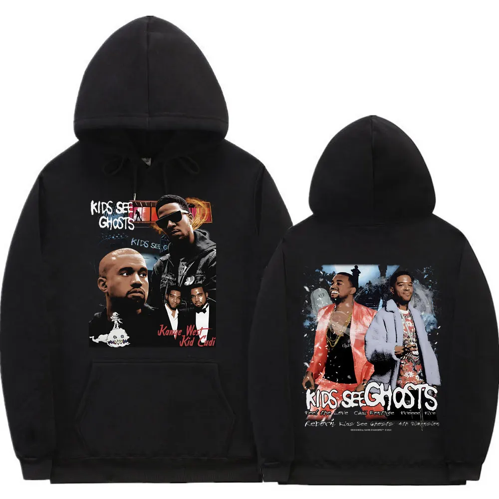 

Rapper Kanye West and Kid Cudi Kids See Ghosts Double Sided Print Hoodie Men Women Vintage Hip Hop Rap Sweatshirt Man Streetwear