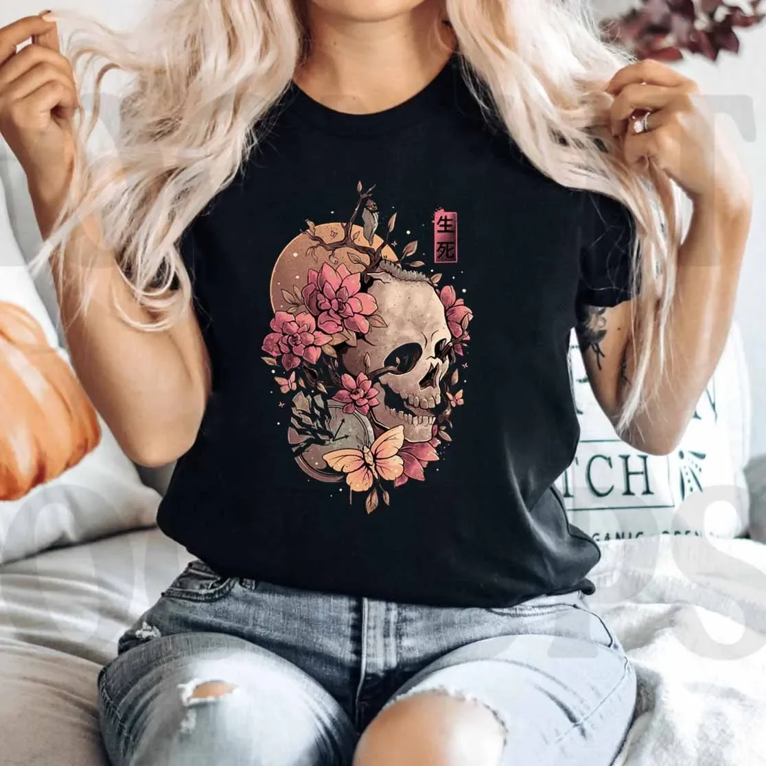 

Short sleeved Halloween Women's Fashion Women's Flower Pattern T-shirt Women's Skull Print Clothing Black Casual Simple T-shirt