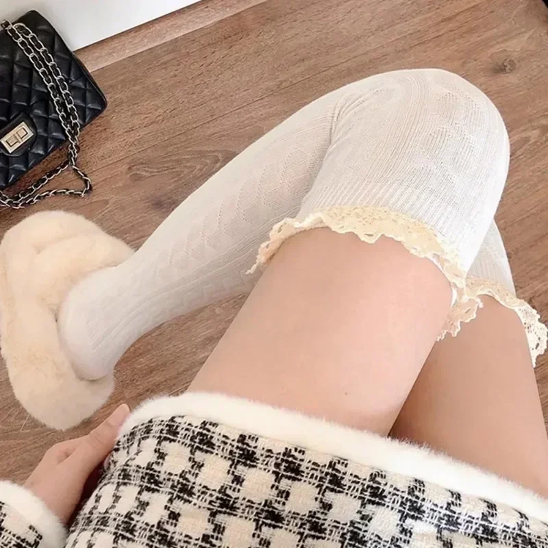 Sexy Lace Long Socks Women Lolita Over Knee Thigh High Sock Knit Thigh High Up Stockings Girls Thermal Warm Tall Tube Leggings