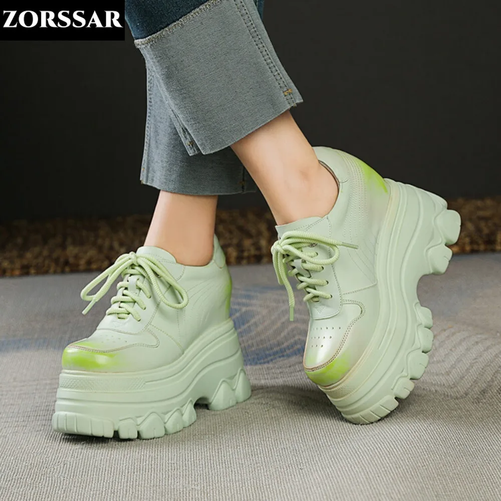

12cm High Heels Platform Wedge Sneakers Chunky Shoes Genuine Leather Women Vulcanized Shoes Spring Autumn Fashion Sneakers Green