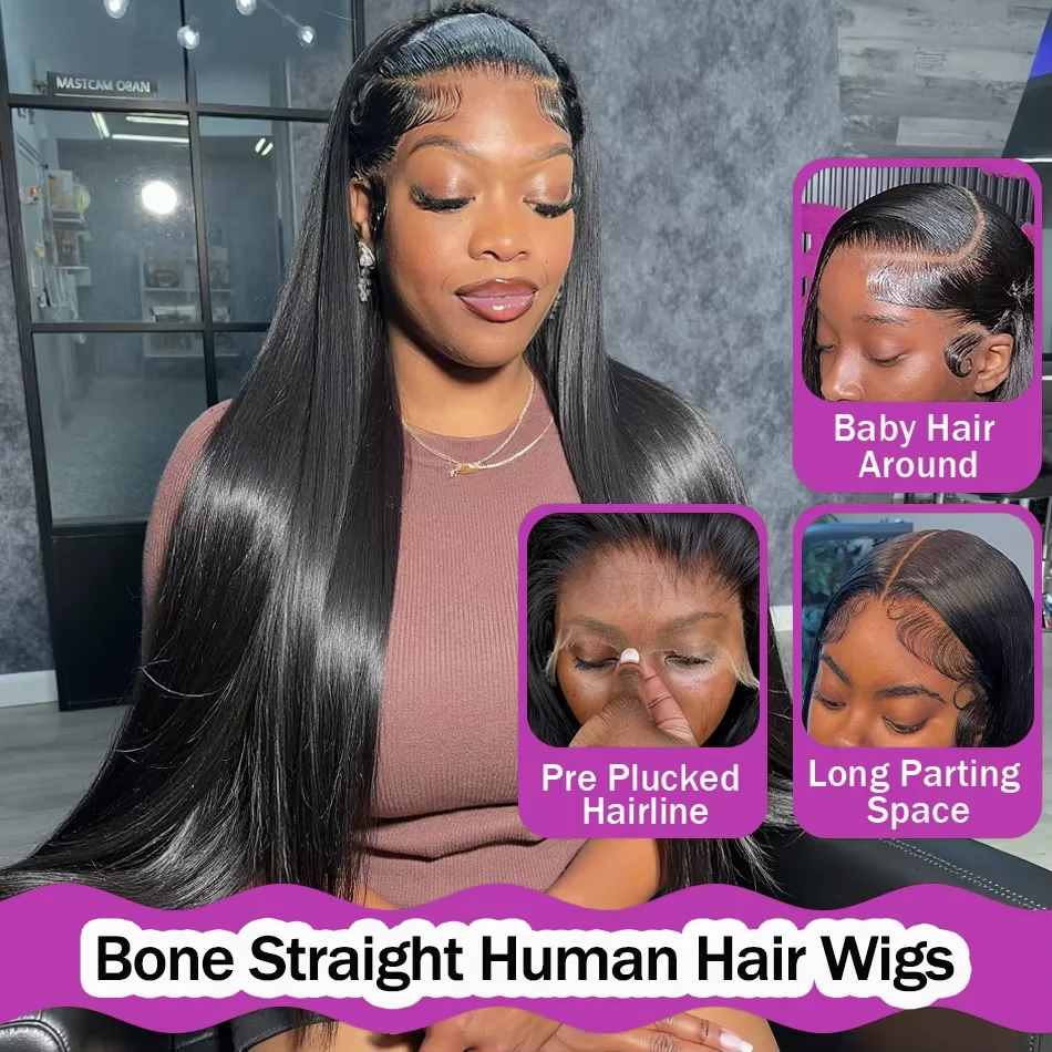 250% Density Straight HD Transparent 13x6 Wig Brazilian Lace Front 30 40 Inch 13x4 Human Hair Wigs Lace Front For Black Women