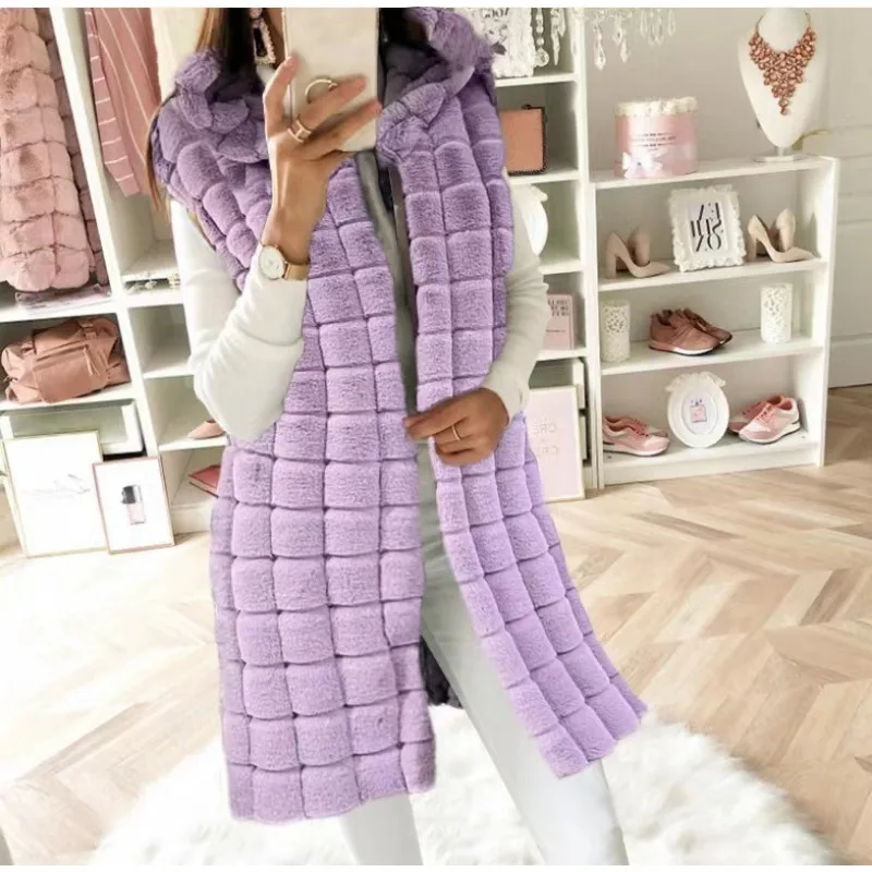 2023 New Autumn Winter Faux Fur Vest Women Sleeveless Jacket Fur Waistcoat Hooded Cardigan Luxury Long Vest Thick Warm Windproof