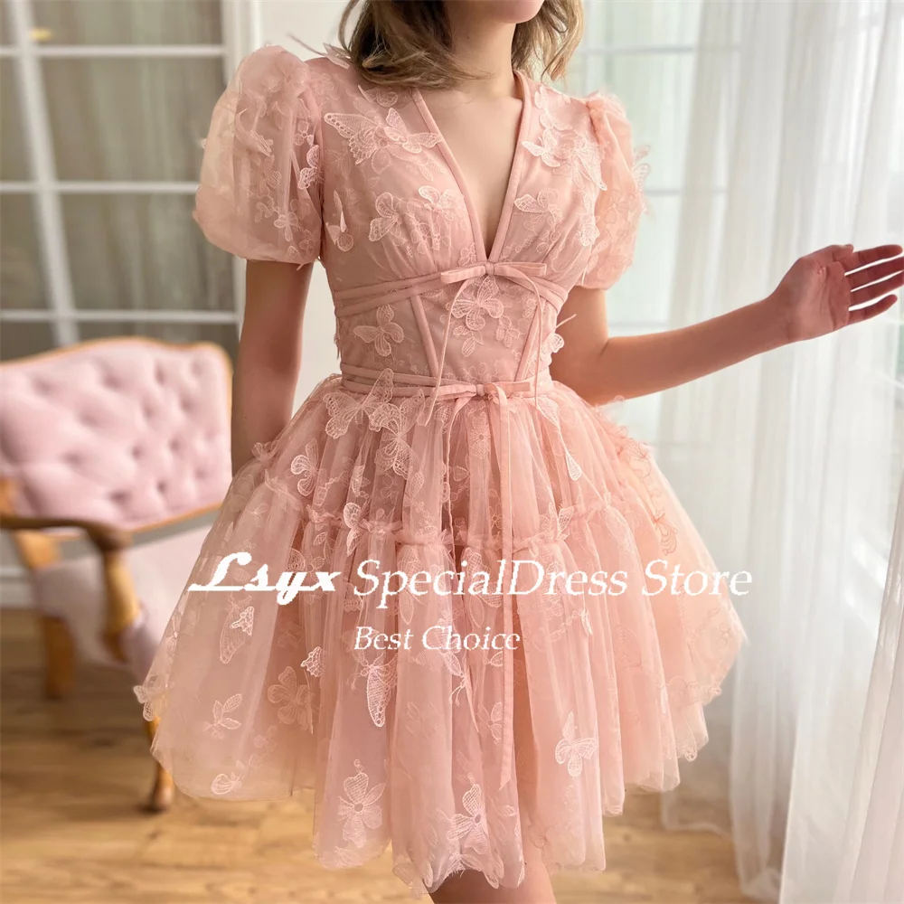 LSYX powyżej kolan krótkie rękawy motyle sukienki na powrót do domu 2024 tiul dekolt w szpic linia Mini księżniczka suknia wieczorowa