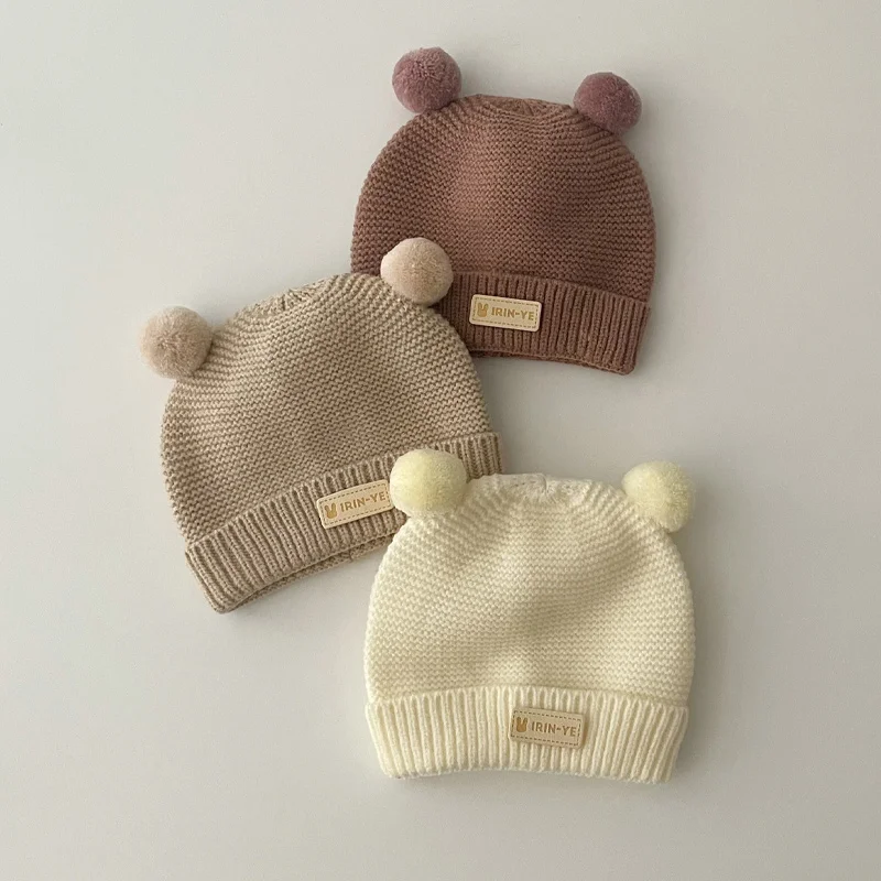 Korean Baby Knitted Hat Cute Winter Warm Double Ball Newborn Beanie 2-15 Months Boy Girl Infant Solid Color Woolen Skullies Cap 2