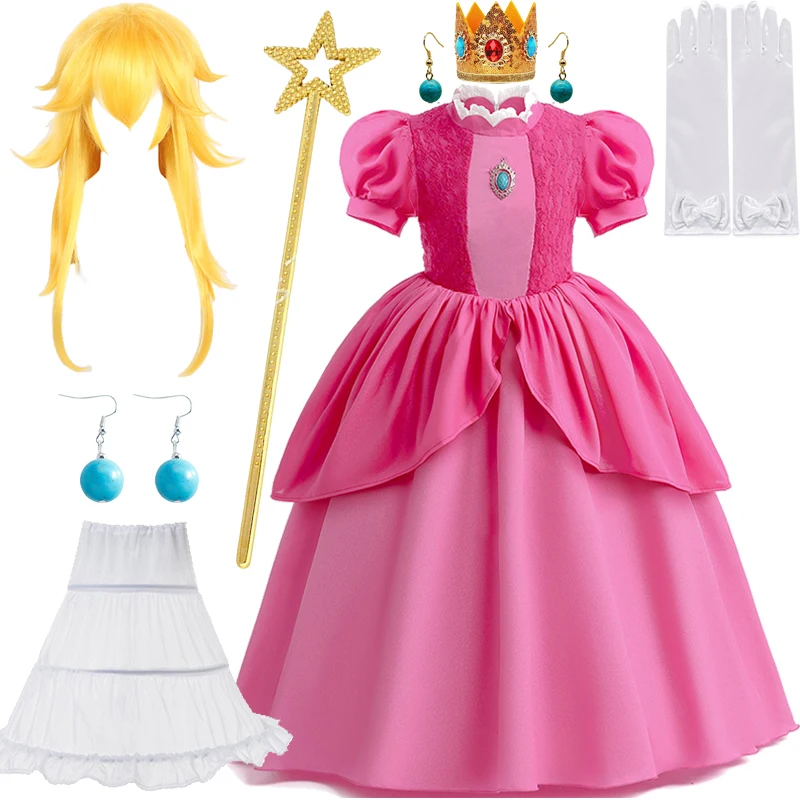 

2024 Girls Peach Princess Dress Children Peach Cosplay Costumes Pink Cute Clothes Baby Girls Carnival Birthday Party Clothings