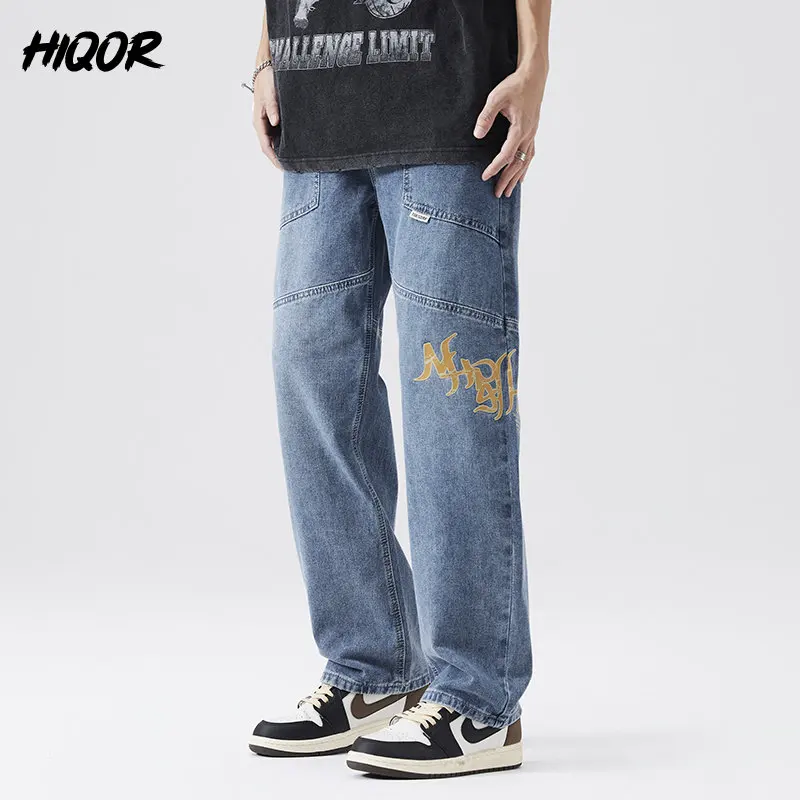 HIQOR Straight Jeans Loose Elastic Men Pant New All Match Wide Leg