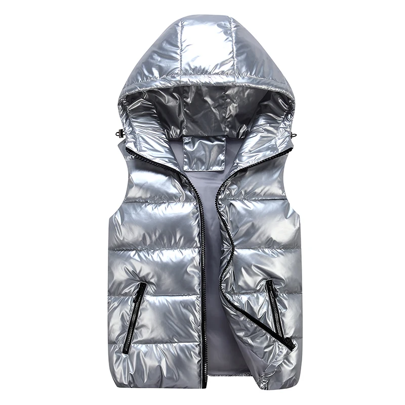 Men's Sleeveless Jacket Fashion Shiny Vest Winter Warm Hood Pockets Cotton Padded Husband Red Black Autumn Down Waistcoat Male