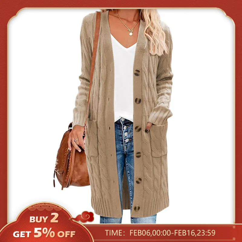 Cárdigan de manga larga para mujer, abrigo de punto con bolsillos, Color sólido, S, M, L, primavera y otoño