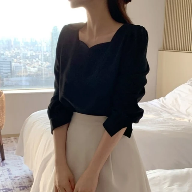 Korean Style Chic Puff Long Sleeve Blouse Temperament Simple Square Collar Tops Versatile Pullover Soft Solid Color Shirt Blusas 6