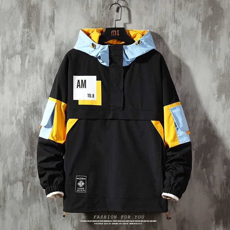 남성 자켓 까마귀 패션 streetwear 색상 대비 패치 워크 후드 자켓 방수 윈드 브레이커 지퍼 업 코트 남성 아웃웨어