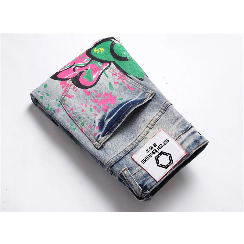 starbags 3295 style Punk trend retro blue ripped slim stretch print print small feet men's jeans
