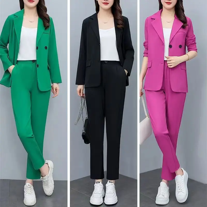 Women's 2024 Spring New Casual Blazers Jacket Matching Set Korean Elegant Loose Suit Coat Pants 2 Piece Female Professioal Wear